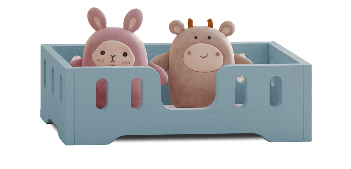 Drewniane łóżko dla lalek z podłużnymi wycięciami w barierkach ze sklejki sosnowej w kolorze niebieskim